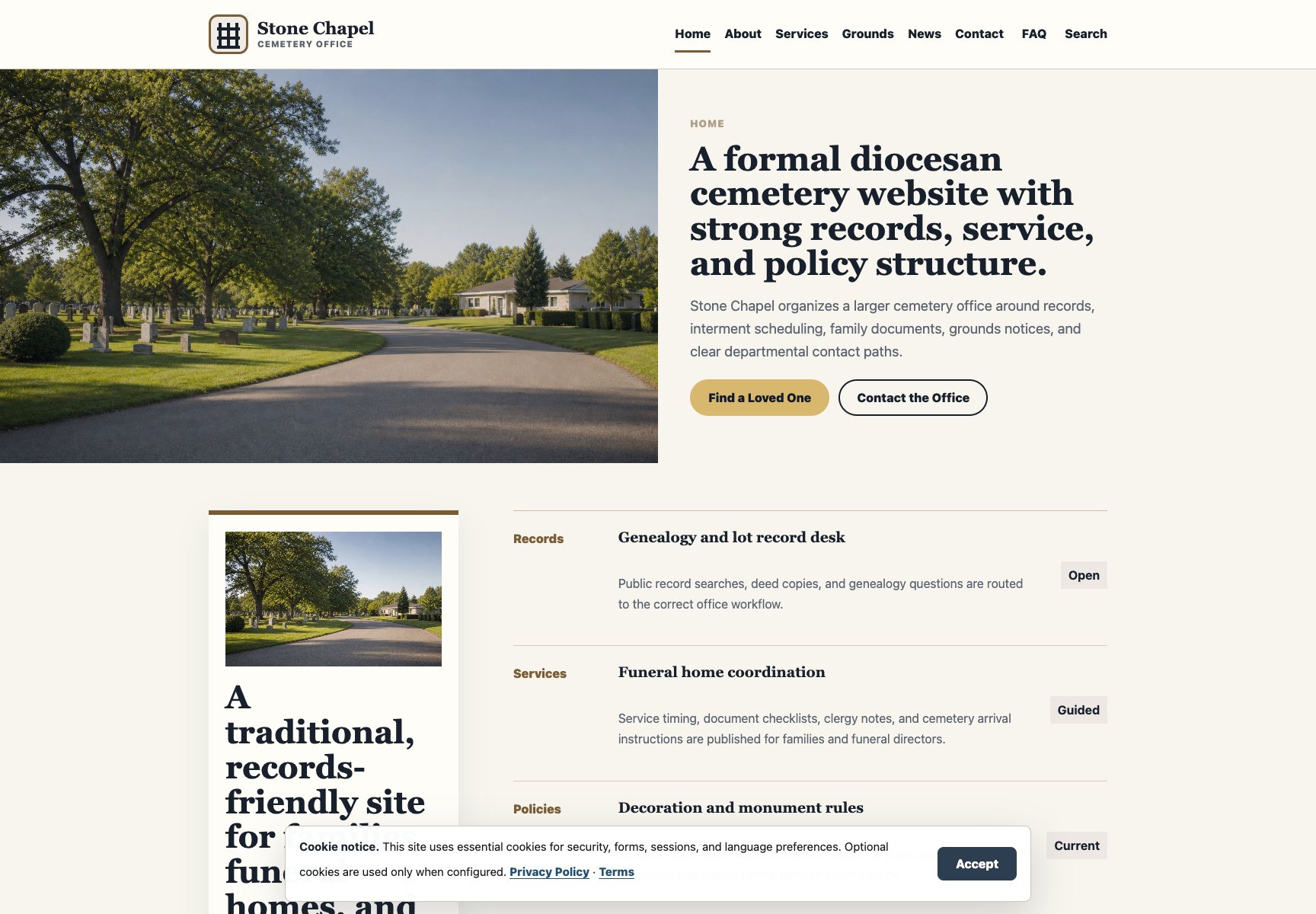 Stone Chapel Classic cemetery website homepage screenshot