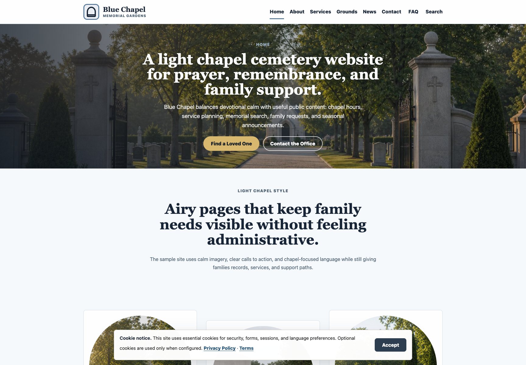 Blue Chapel cemetery website homepage screenshot