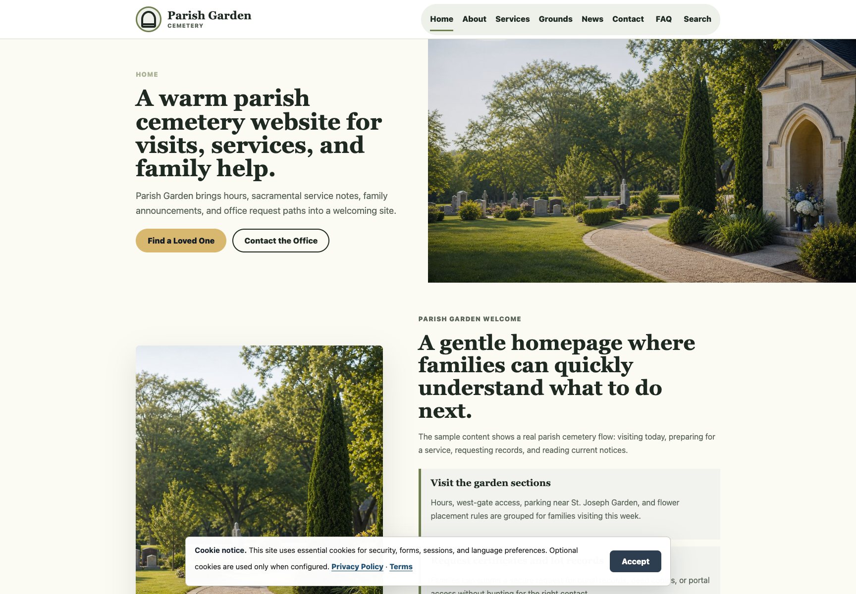 Parish Garden cemetery website homepage screenshot