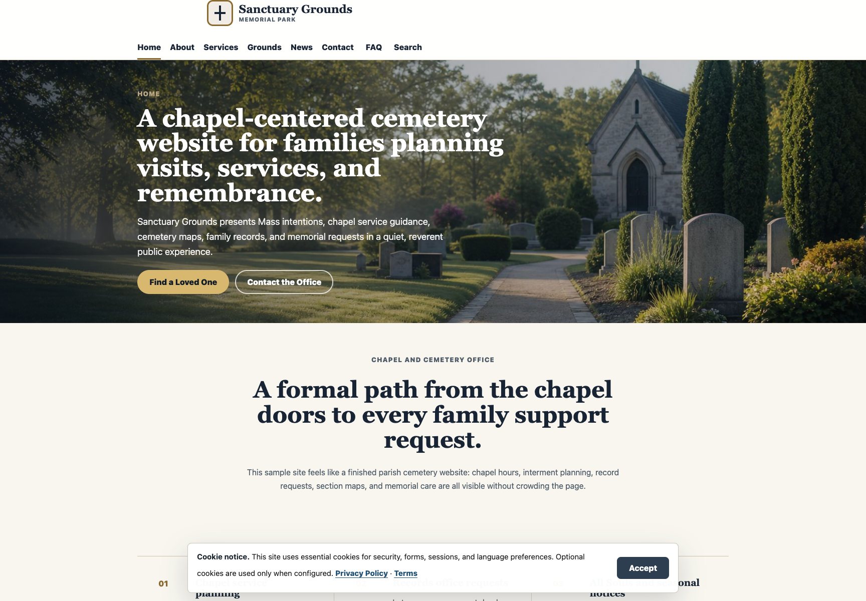 Sanctuary Grounds cemetery website homepage screenshot