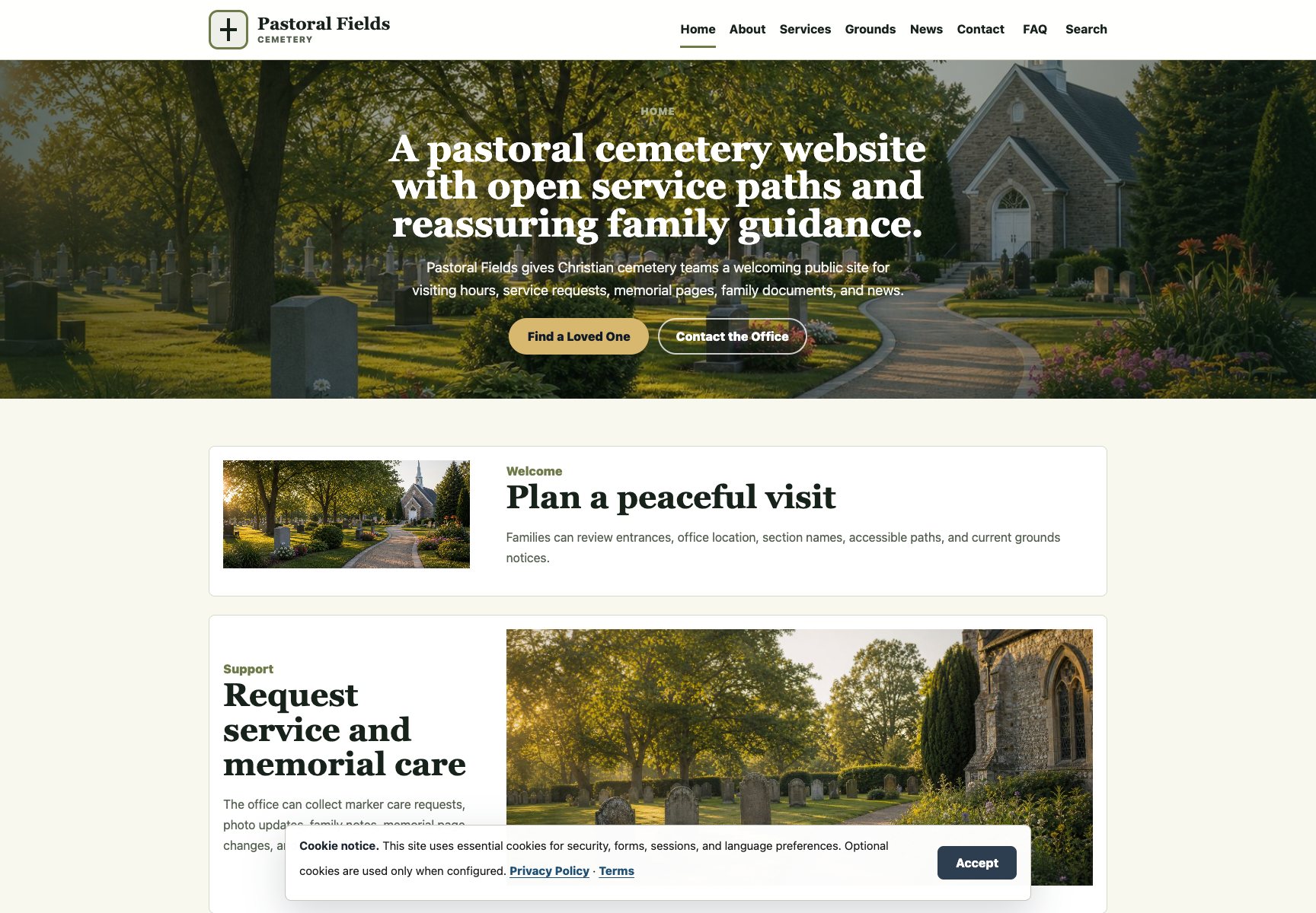 Pastoral Fields cemetery website homepage screenshot