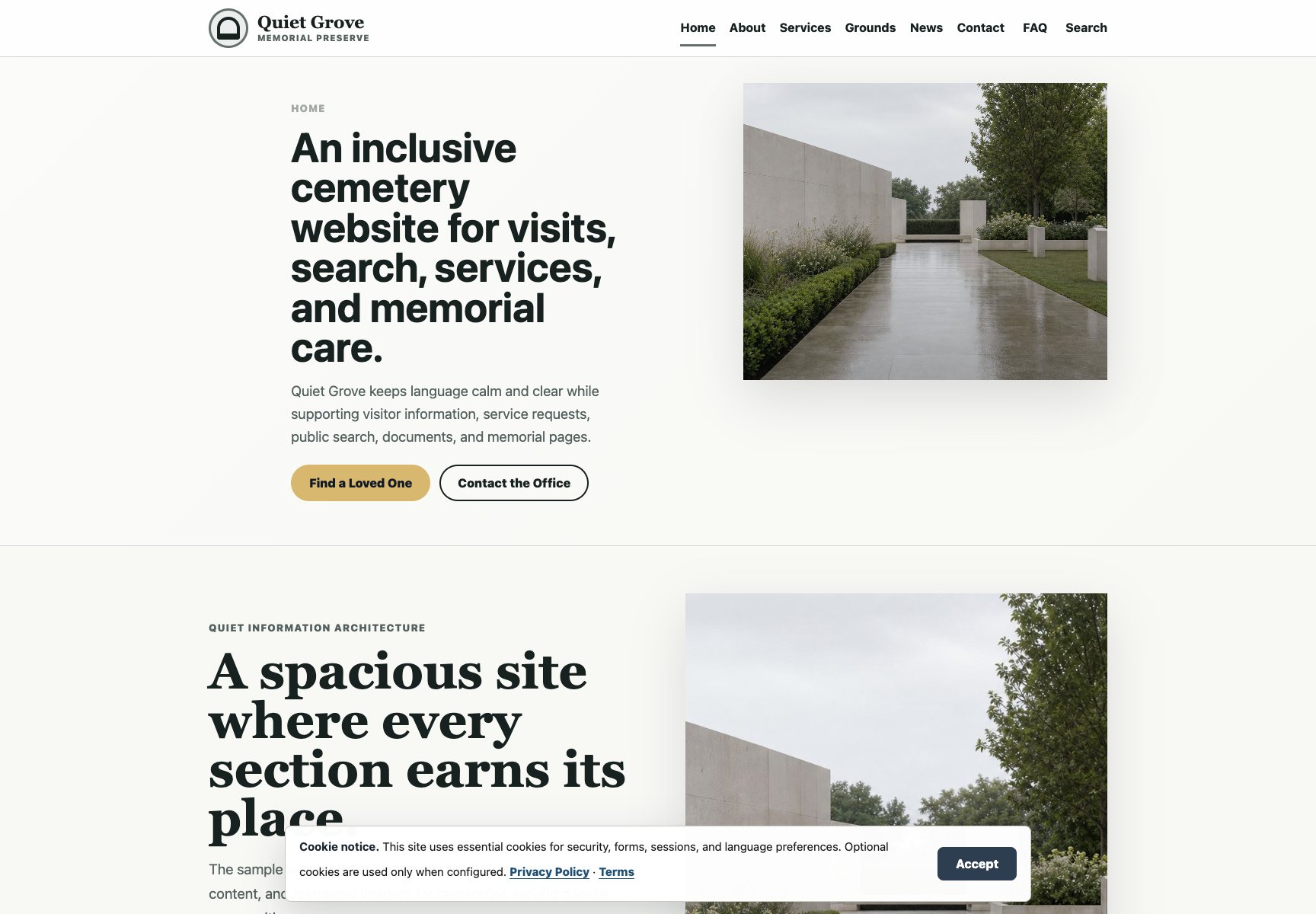 Quiet Grove cemetery website homepage screenshot