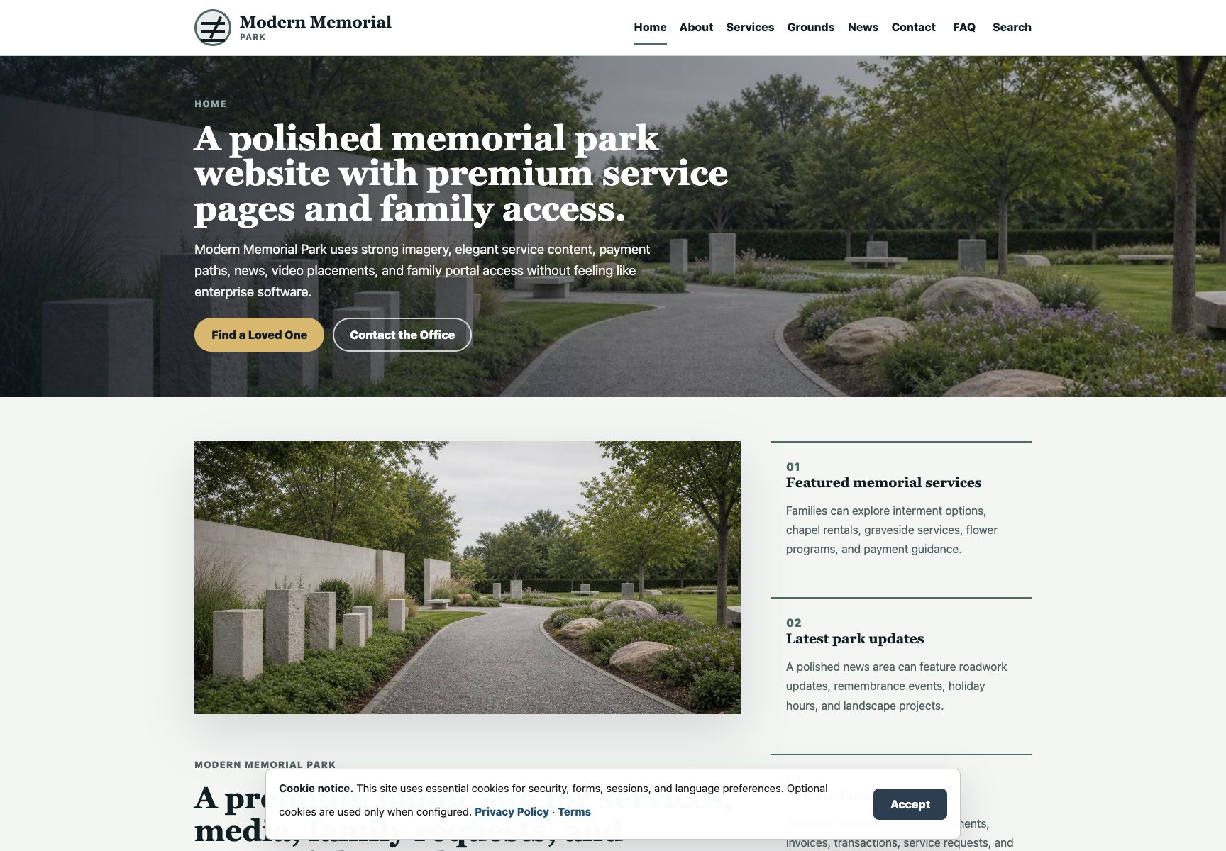 Modern Memorial cemetery website homepage screenshot