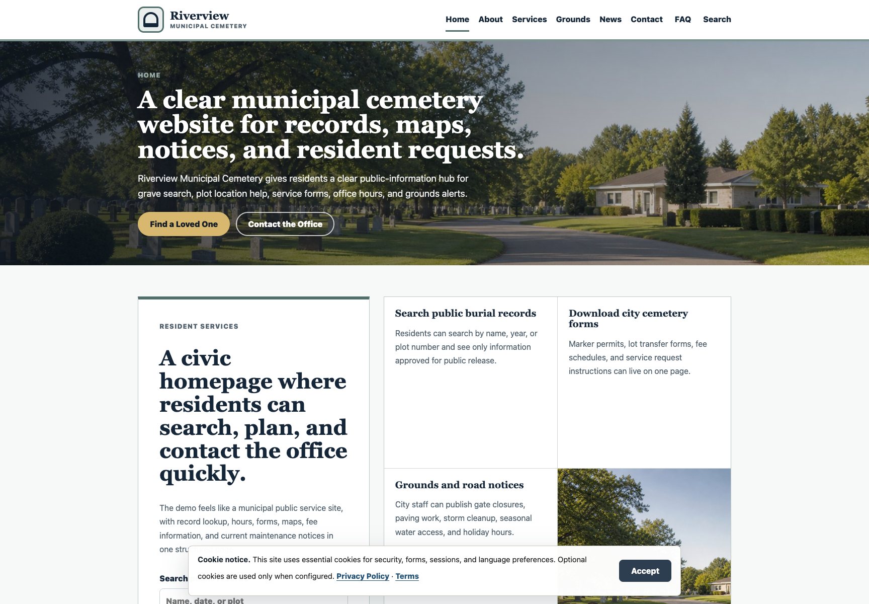 Municipal Grounds cemetery website homepage screenshot