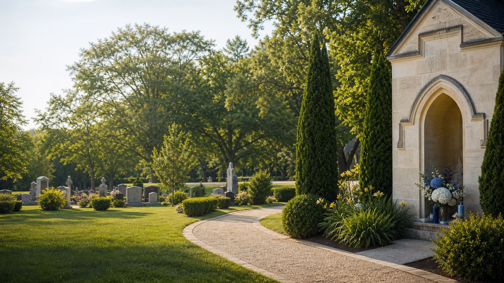 Parish cemetery garden path with trees and memorial plantings