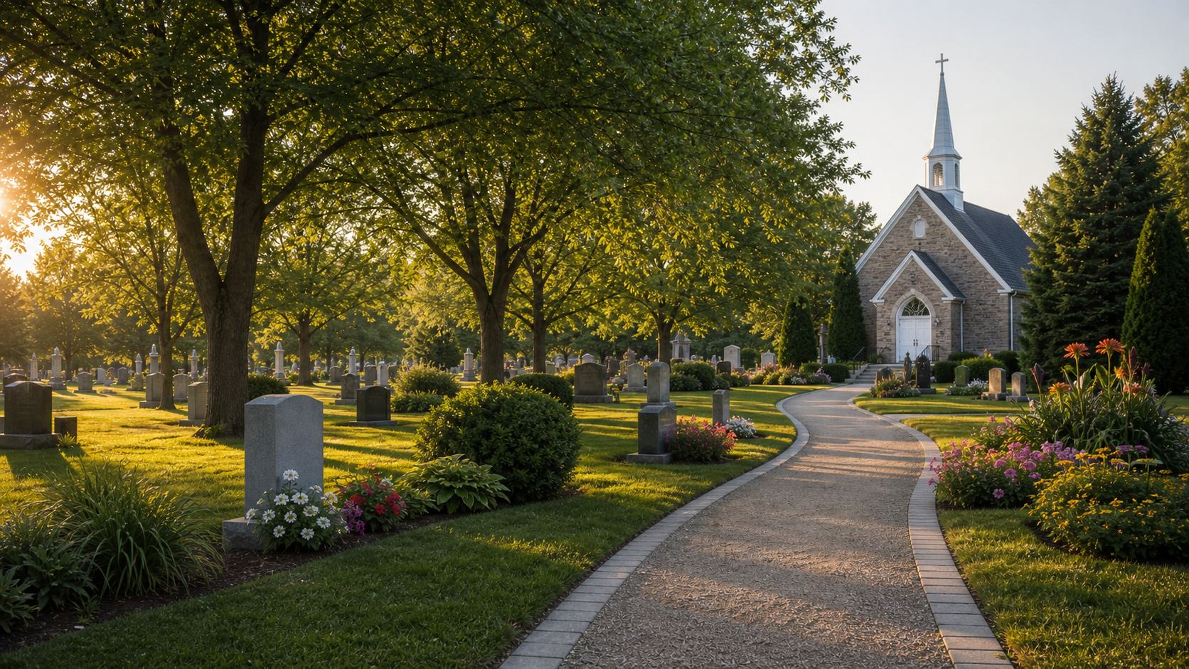 Open cemetery grounds with mature trees and memorial markers